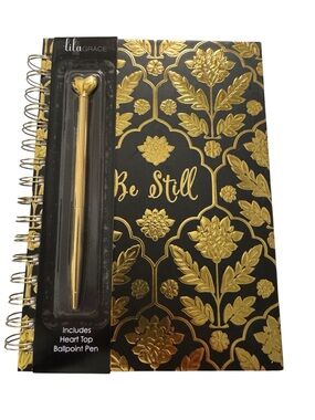 Lila Grace "Be Still" Black & Gold Floral Spiral Notebook with Gold Heart Pen